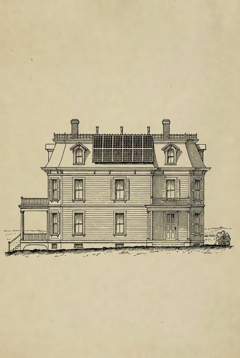 Engraving of a grand Victorian home with rooftop solar panels